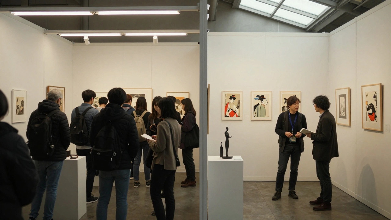 Two contrasting art fair booths: intimate niche exhibit vs. crowded generic pavilion.