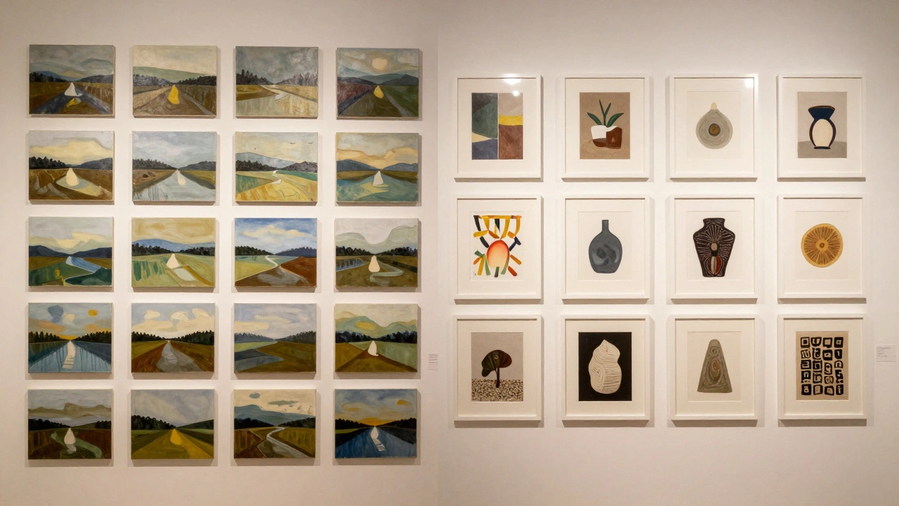 Two gallery walls: one cluttered with similar abstract paintings, the other balanced with diverse, spaced artworks.