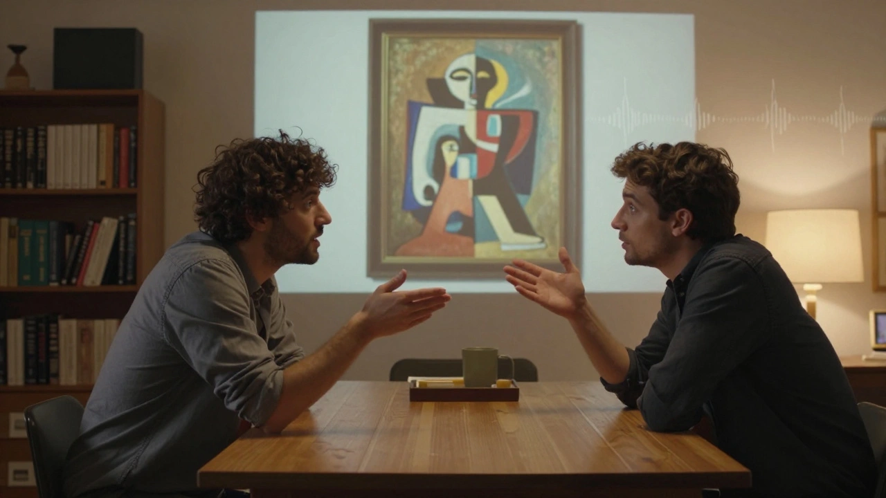 Two people engage in a thoughtful debate about art, with a painting projected behind them in a cozy room.