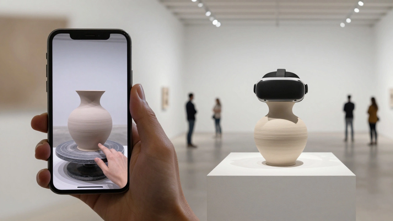 A ceramic piece being scanned on a phone, mirrored in a virtual gallery viewed through a VR headset.
