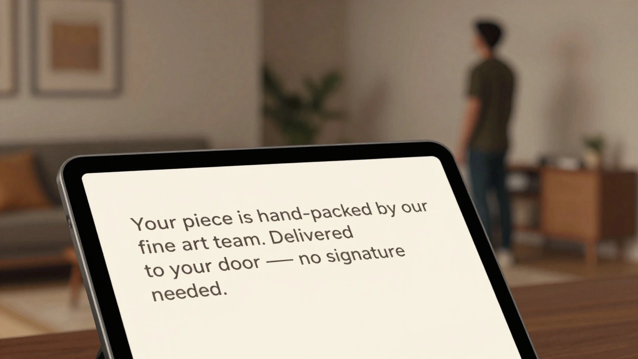 A checkout screen with reassuring microcopy displayed beside a person imagining the artwork on their wall.