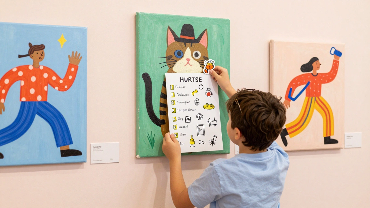 A child checks off a scavenger hunt list in a museum, standing near a painting of a cat wearing a hat.