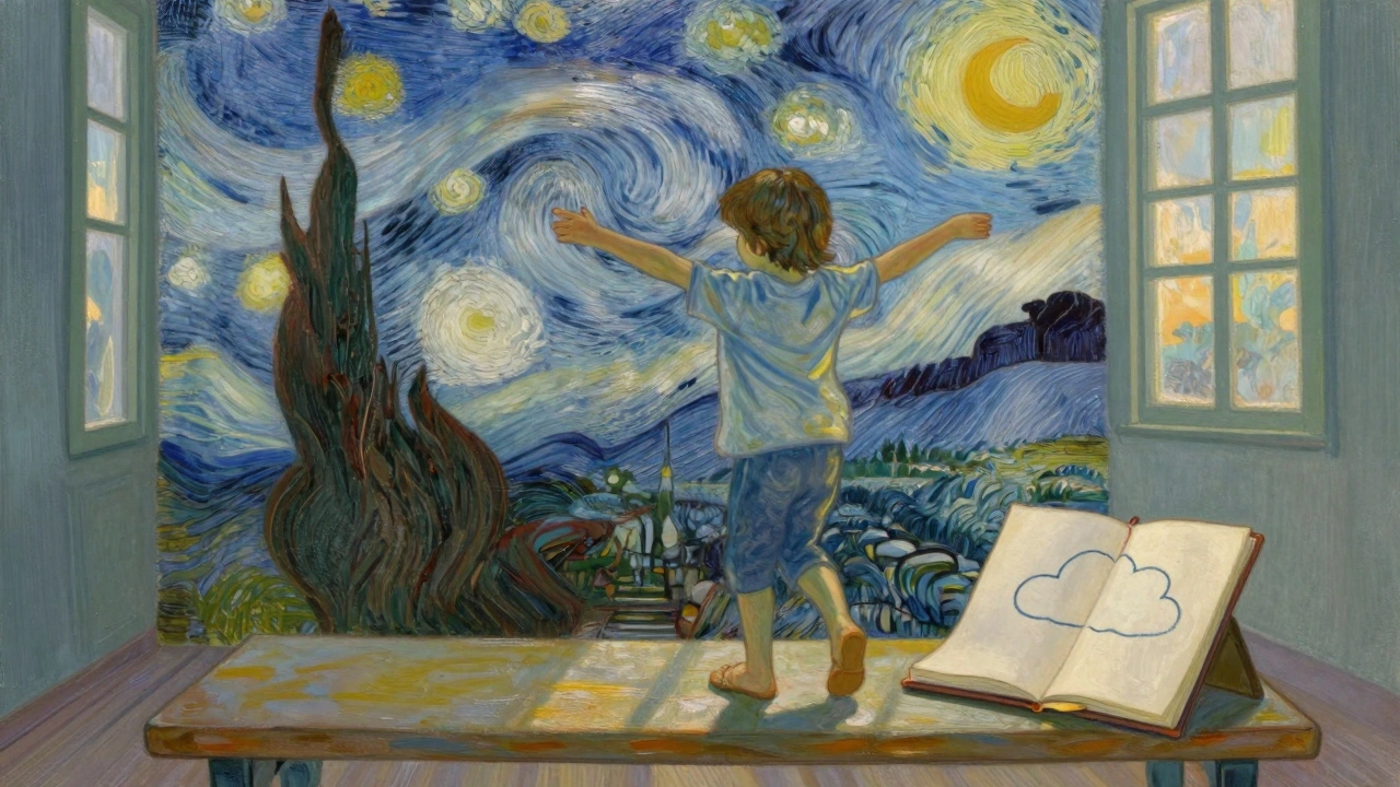 A child dances in front of a swirling painting, with a sketchbook open on a bench beside them.