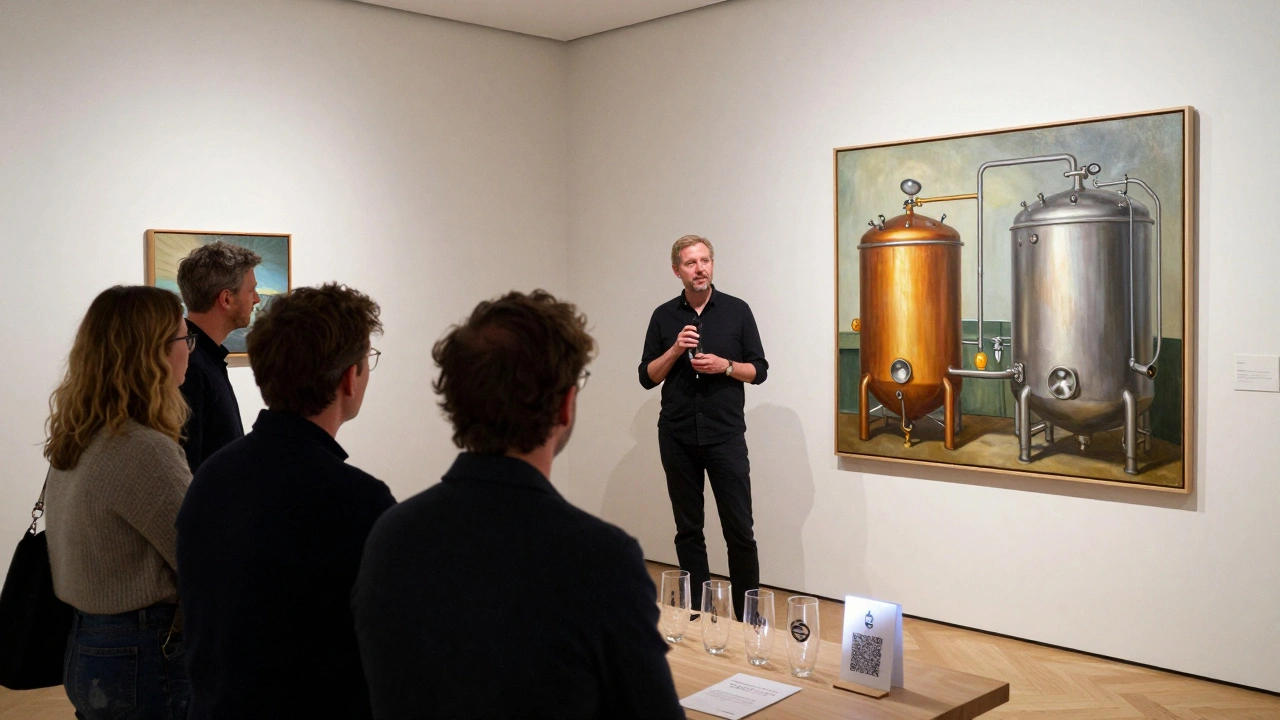 A craft brewmaster speaking at an art opening, guests listening as QR codes and branded glassware blend subtly into the ambiance.