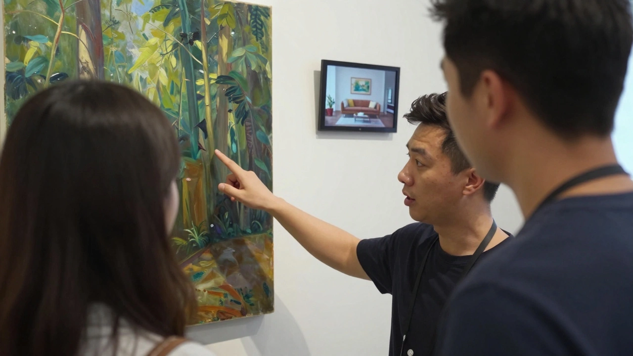 A gallery assistant gently guides a customer’s attention toward a painting, with an AR preview on a screen behind them.
