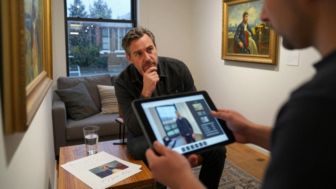 A gallery staff member shows an AR preview of artwork on a client’s living room wall, with a handwritten note and signature print on the table.