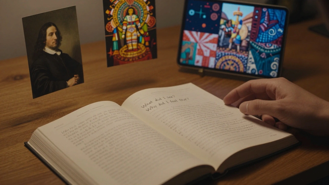 A handwritten note beside floating fragments of diverse artworks, symbolizing thoughtful observation beyond trends or fame.