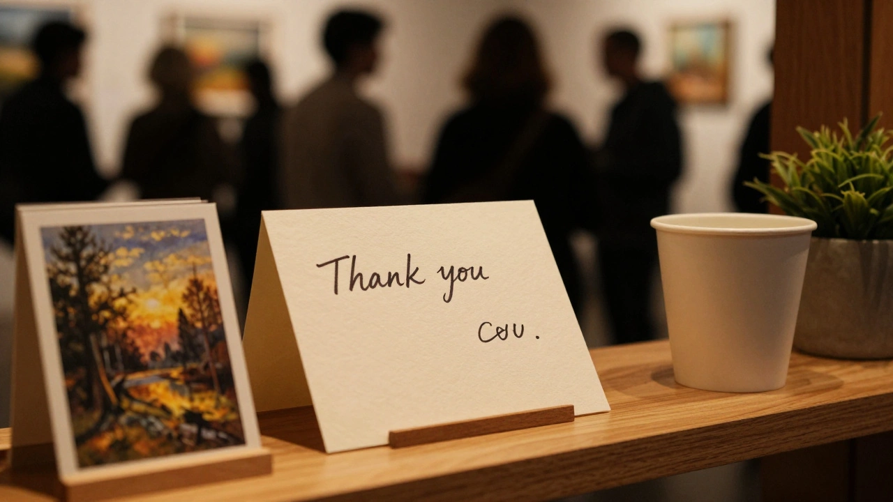 A handwritten thank-you note and postcard sit beside a coffee cup, hinting at a private gallery event in the background.