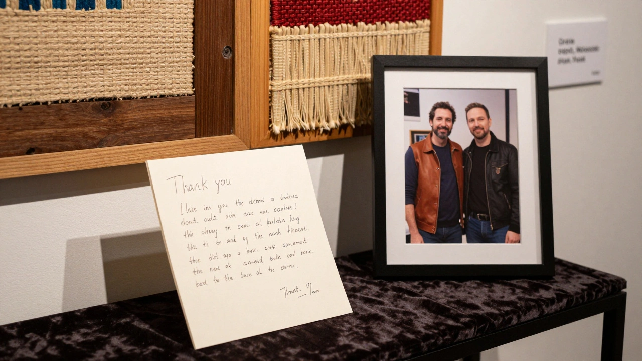 A handwritten thank-you note beside a collaborative art installation of leather and wood, created with a local artisan.