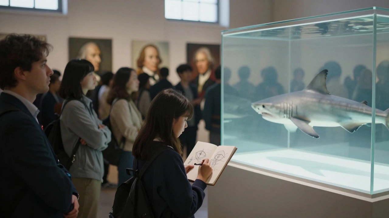 A lone student sketches a shark in a gallery while others are blurred, highlighting individual engagement over celebrity status.
