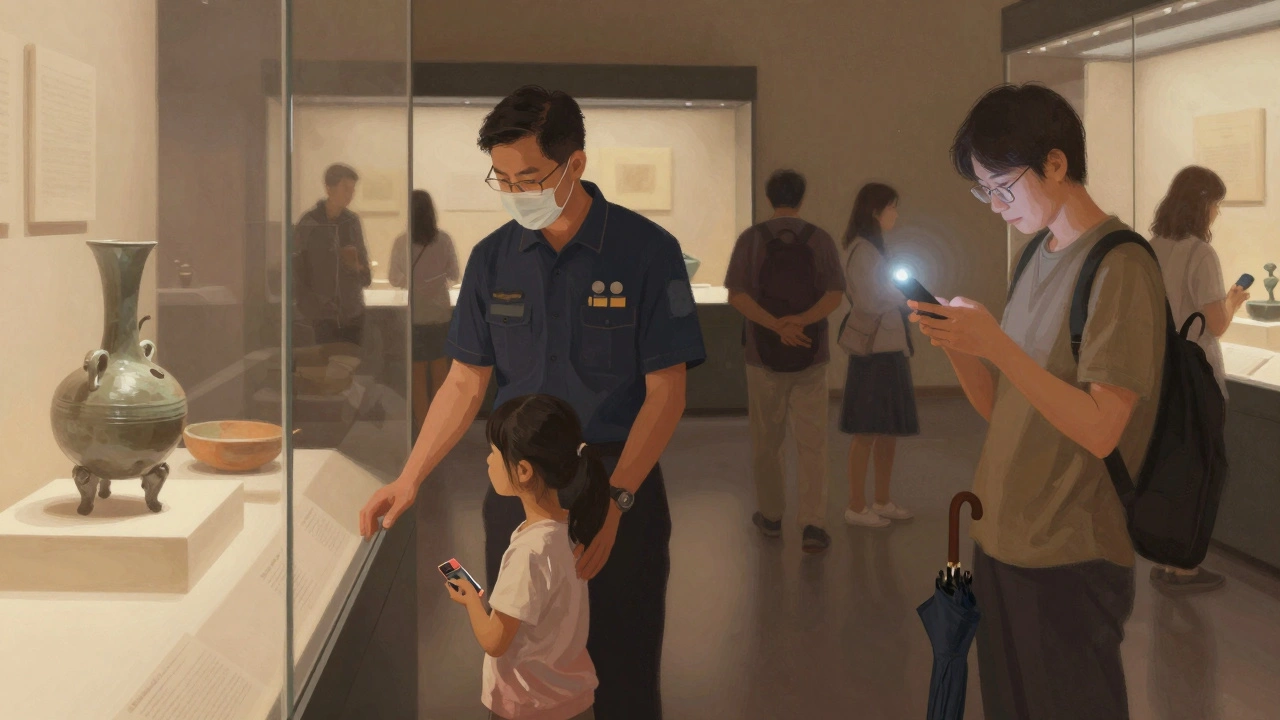 A museum guard gently guiding a child, while another visitor puts away a phone with flash off.