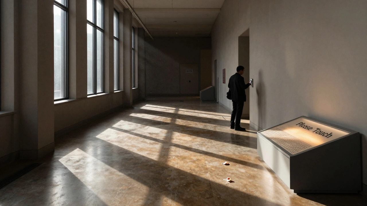 A museum staff member picking up a trash wrapper in an empty hallway as sunlight streams in.