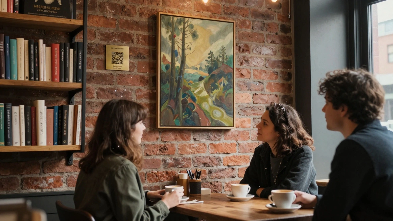 A painting displayed in a cozy Portland café with a QR code, as two people sip coffee and quietly admire the art.