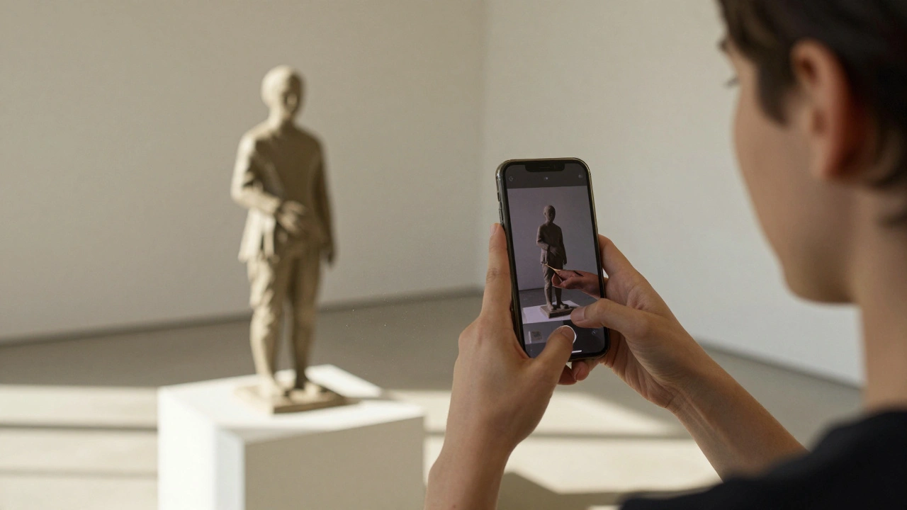 A person viewing a sculpture through their smartphone, seeing a digital timelapse of its creation overlaid on the real artwork.