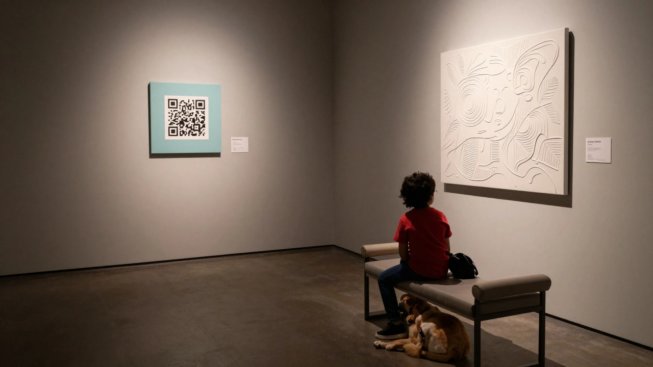 A quiet gallery room with soft lighting, a child on a bench, tactile art, and a service dog nearby.