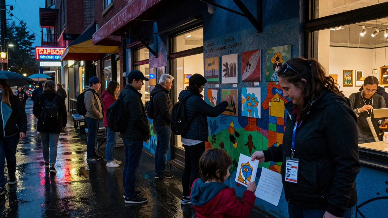 A rainy Portland evening with crowds admiring a community mural and exchanging small artworks under colorful awnings, reflecting wet streets and warm window lights.