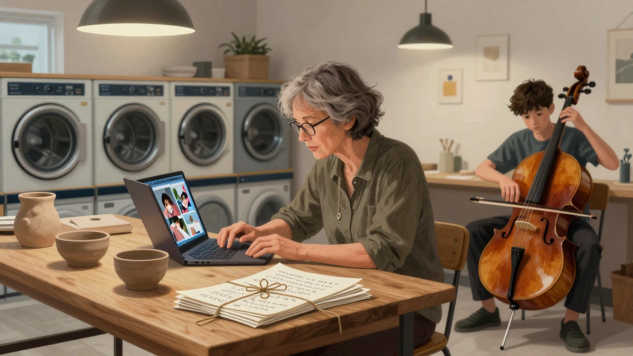 A retired teacher displays hand-thrown pottery beside handwritten notes, while a teenager's digital art and a musician play cello in a cozy, intimate space.
