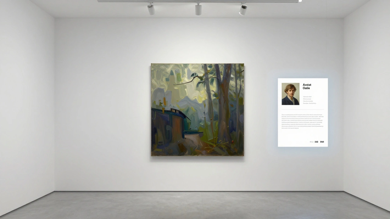 A serene virtual gallery with a detailed abstract painting under soft light, floating information panel beside it.