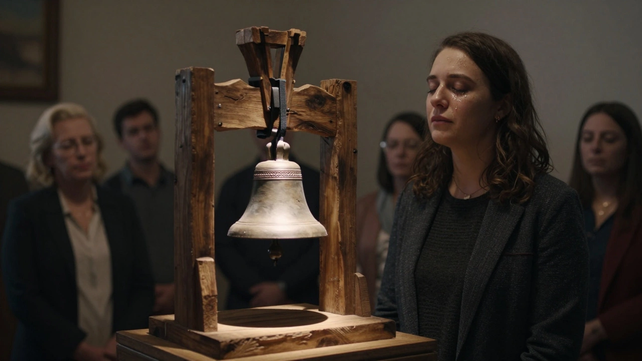 A visitor moved to tears by an audio clip of a church bell playing near a wooden sculpture made from reclaimed materials.