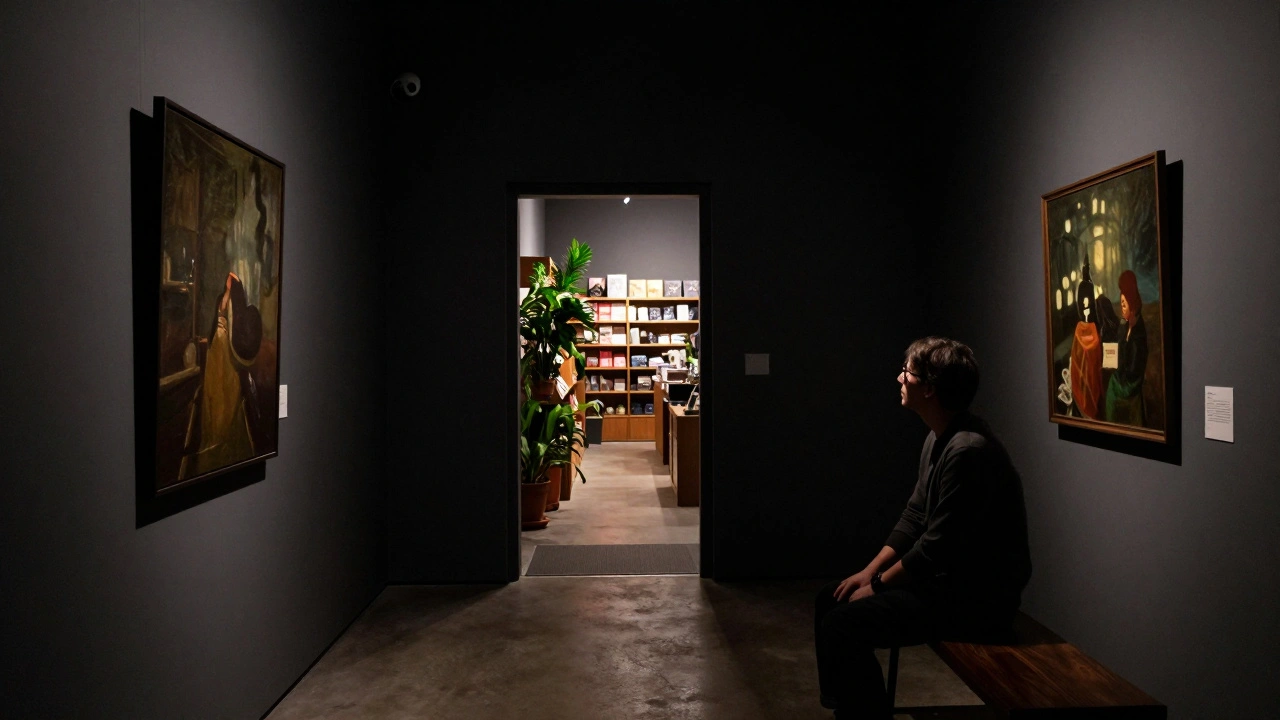 A visitor sits on a bench before a dark painting lit by a motion-sensor light, with a narrow doorway leading to a tranquil exit.