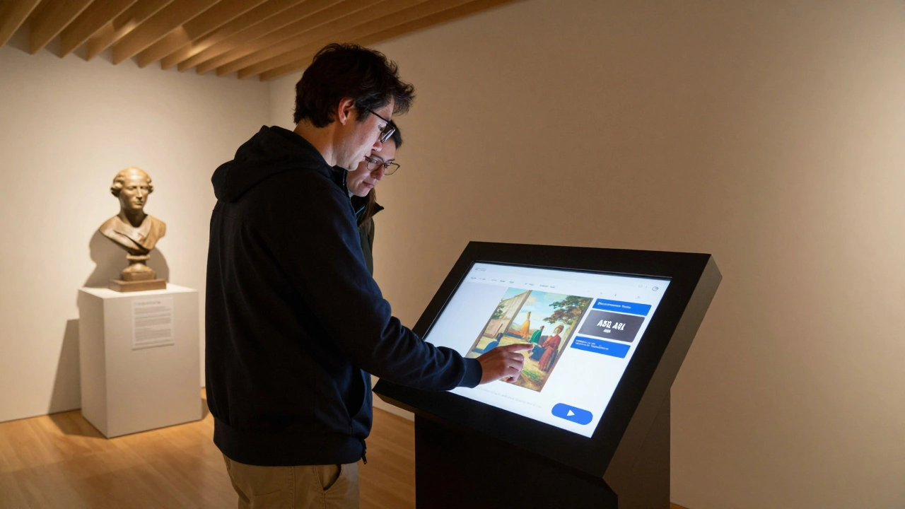 An interactive touchscreen exhibit at knee height with audio and ASL options, next to a tactile sculpture replica.