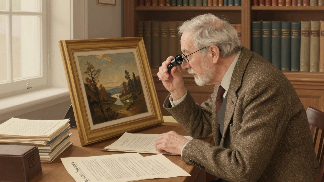 Art expert appraises artwork with magnification tool and documents