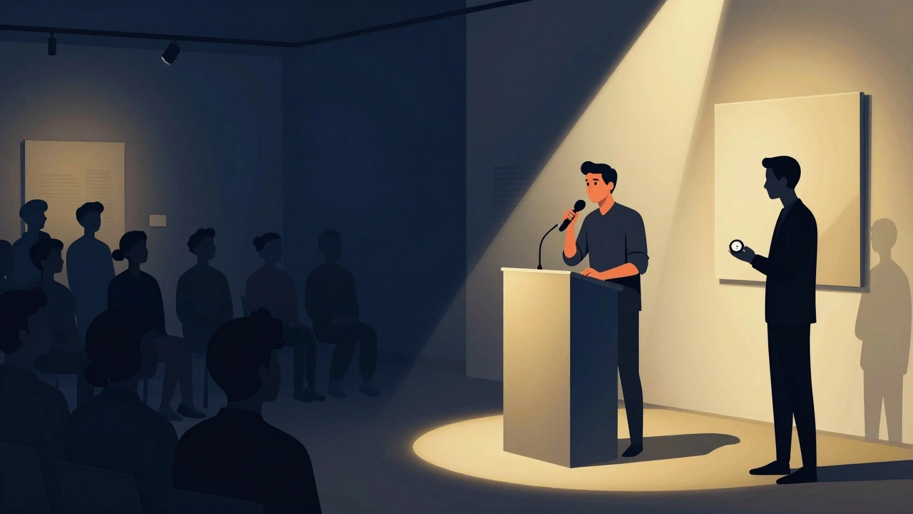 Artist speaking at podium with moderator monitoring the time