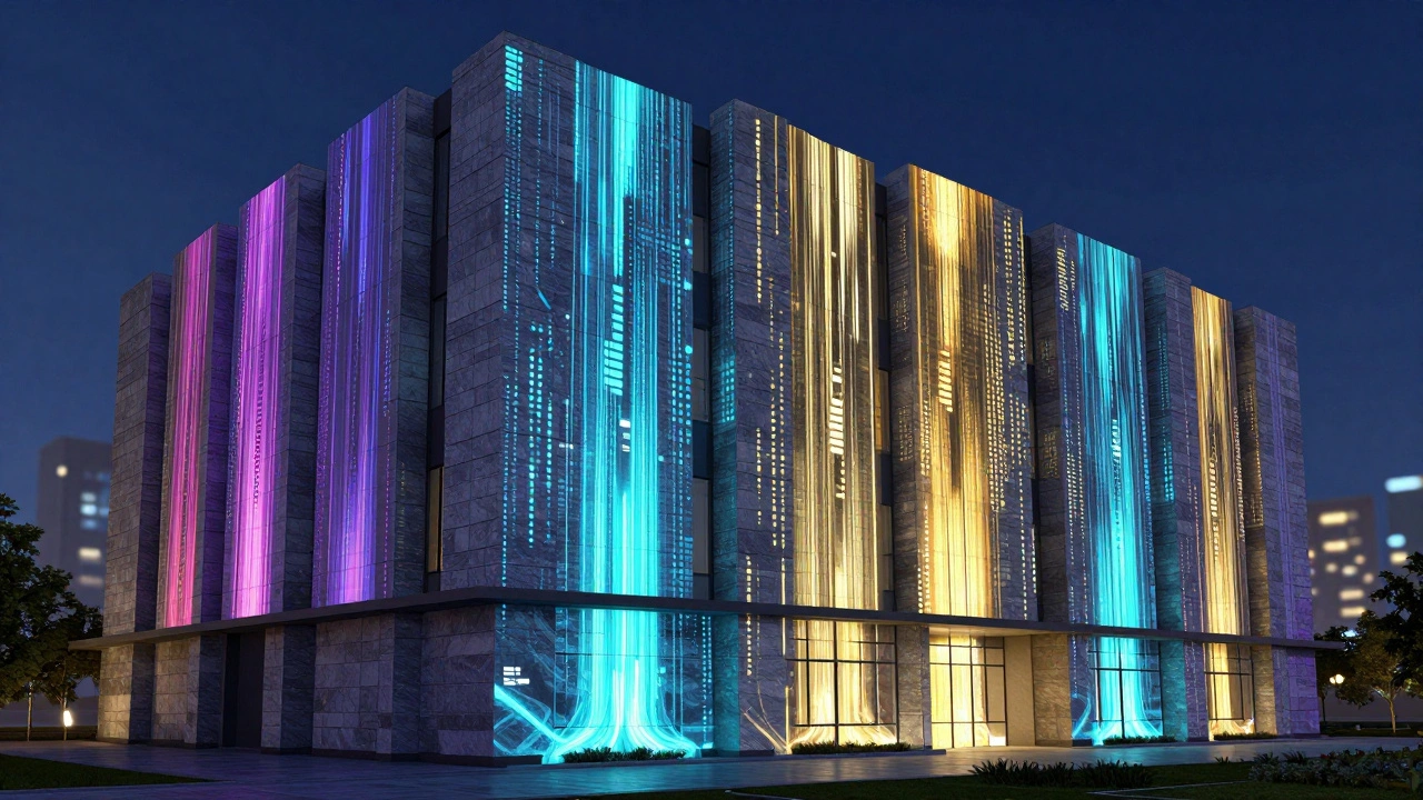 Building facade covered in flowing colorful data streams at night.