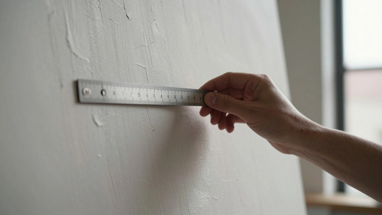 Close-up of a ruler pressed against a textured oil painting, revealing brushstrokes and paint ridges in soft daylight.