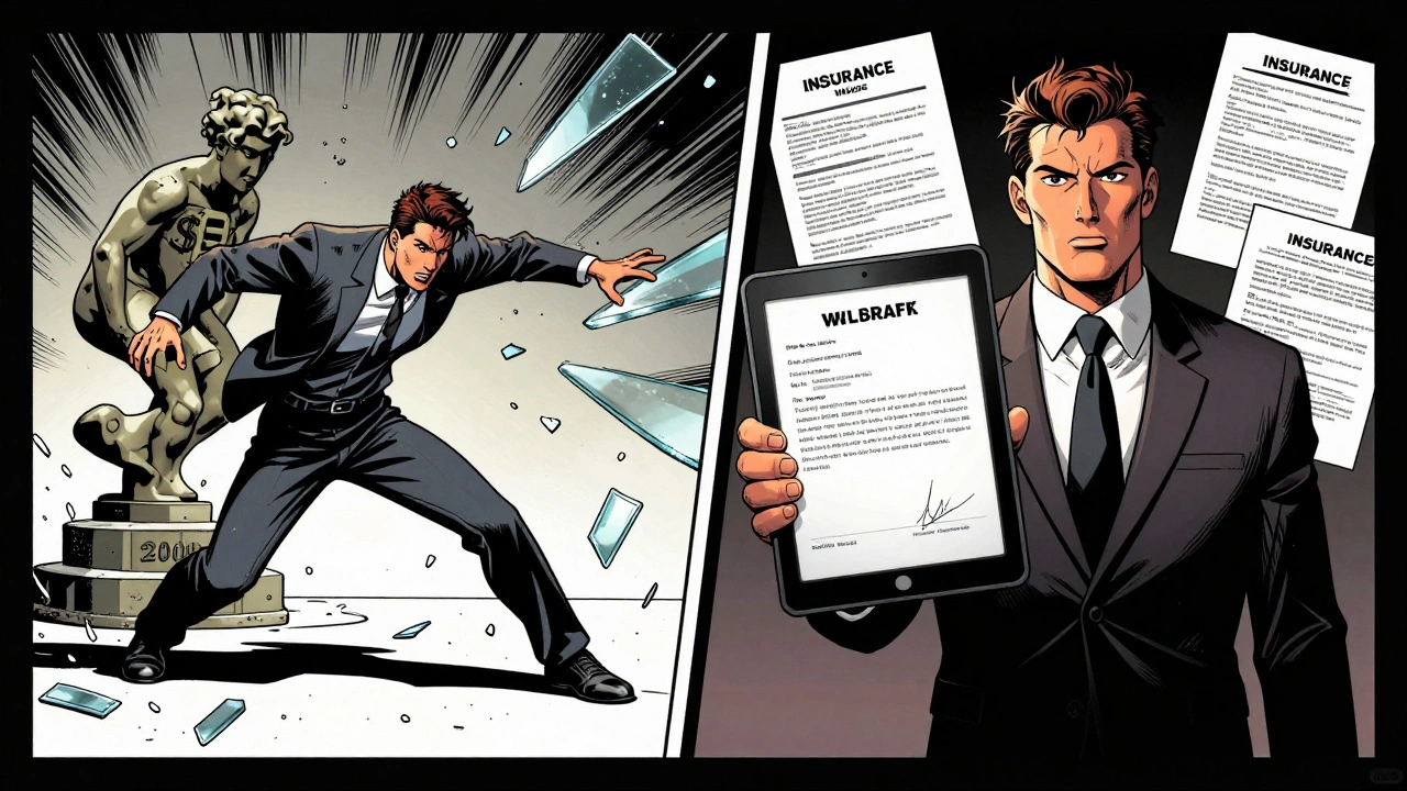 Comic-style split scene: sculpture falling as staff use digital waiver tablet, insurance documents as protective shields.