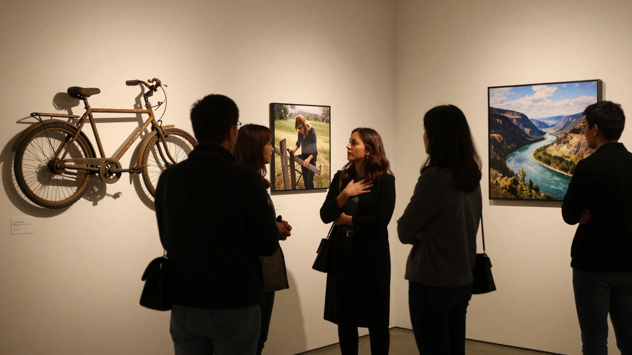 Five people gathered in quiet awe before a wall of deeply personal art — a bike sculpture, a fence photograph, and a landscape piece — in a dimly lit gallery.