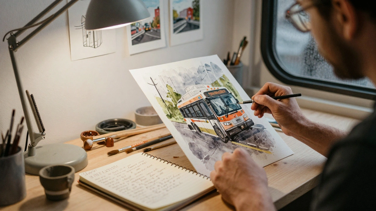 Hands of a local artist painting a Portland commuter scene, surrounded by brushes, notebooks, and unfinished artworks in a quiet studio setting.