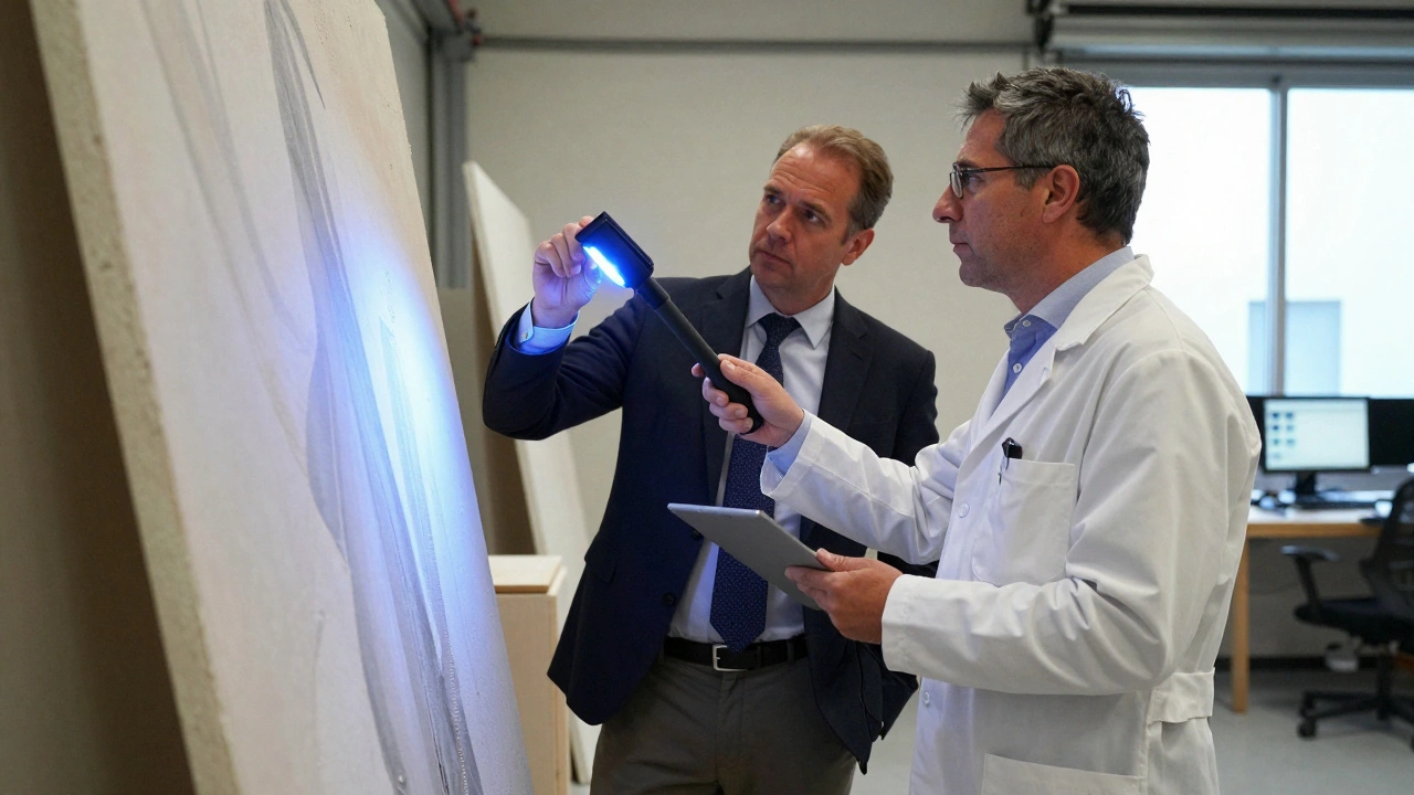 Insurance expert and conservator examining a sculpture.