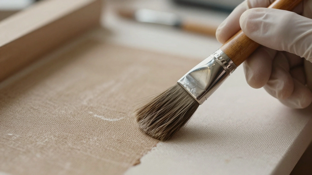 Macro view of a conservator's hand repairing canvas texture.