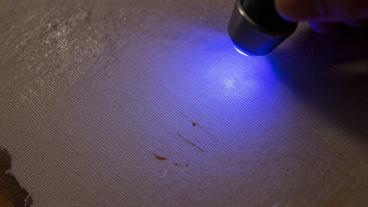 Painting surface examined under ultraviolet inspection light