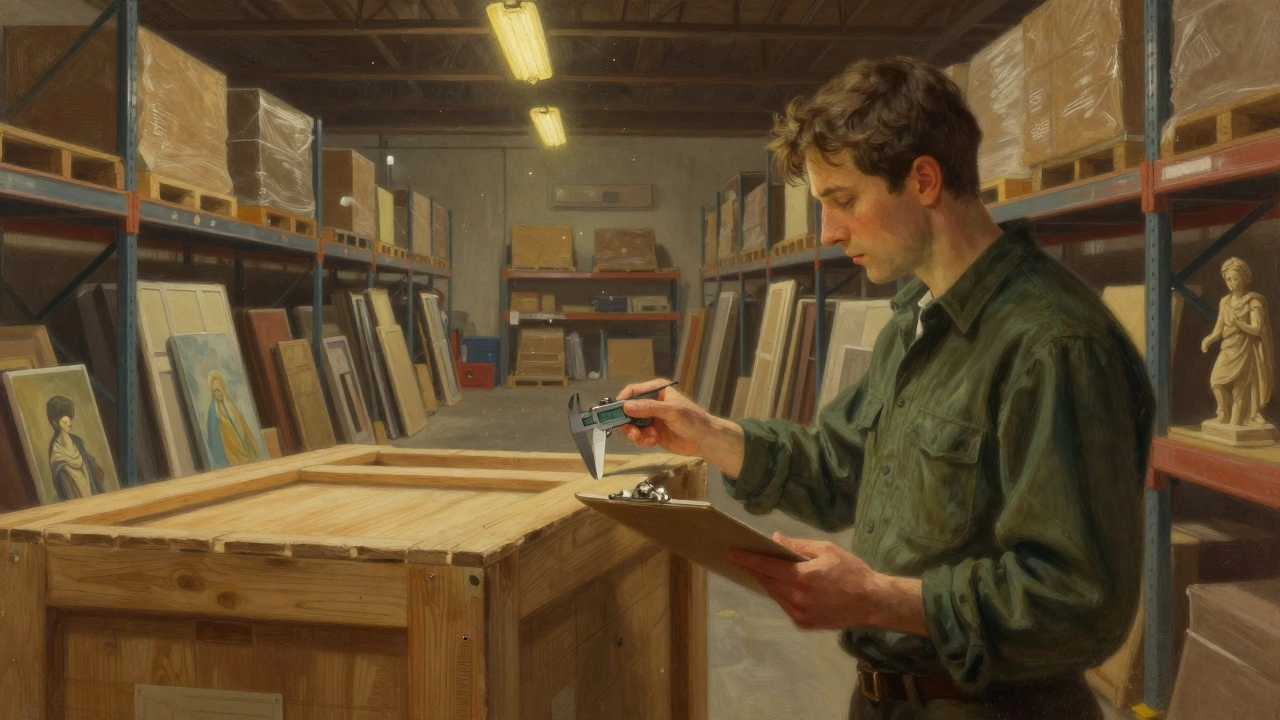 Specialist checking wooden crate in secure climate controlled art storage