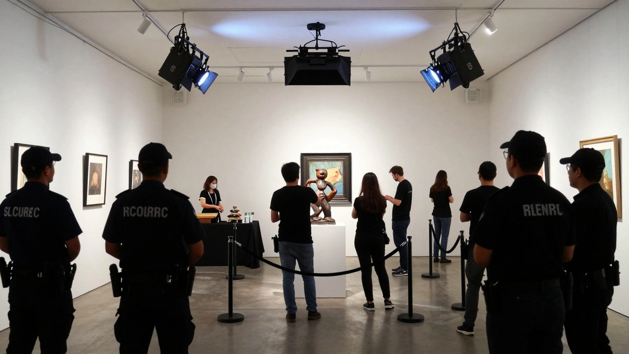 Tech crew installing lighting around art sculpture during setup