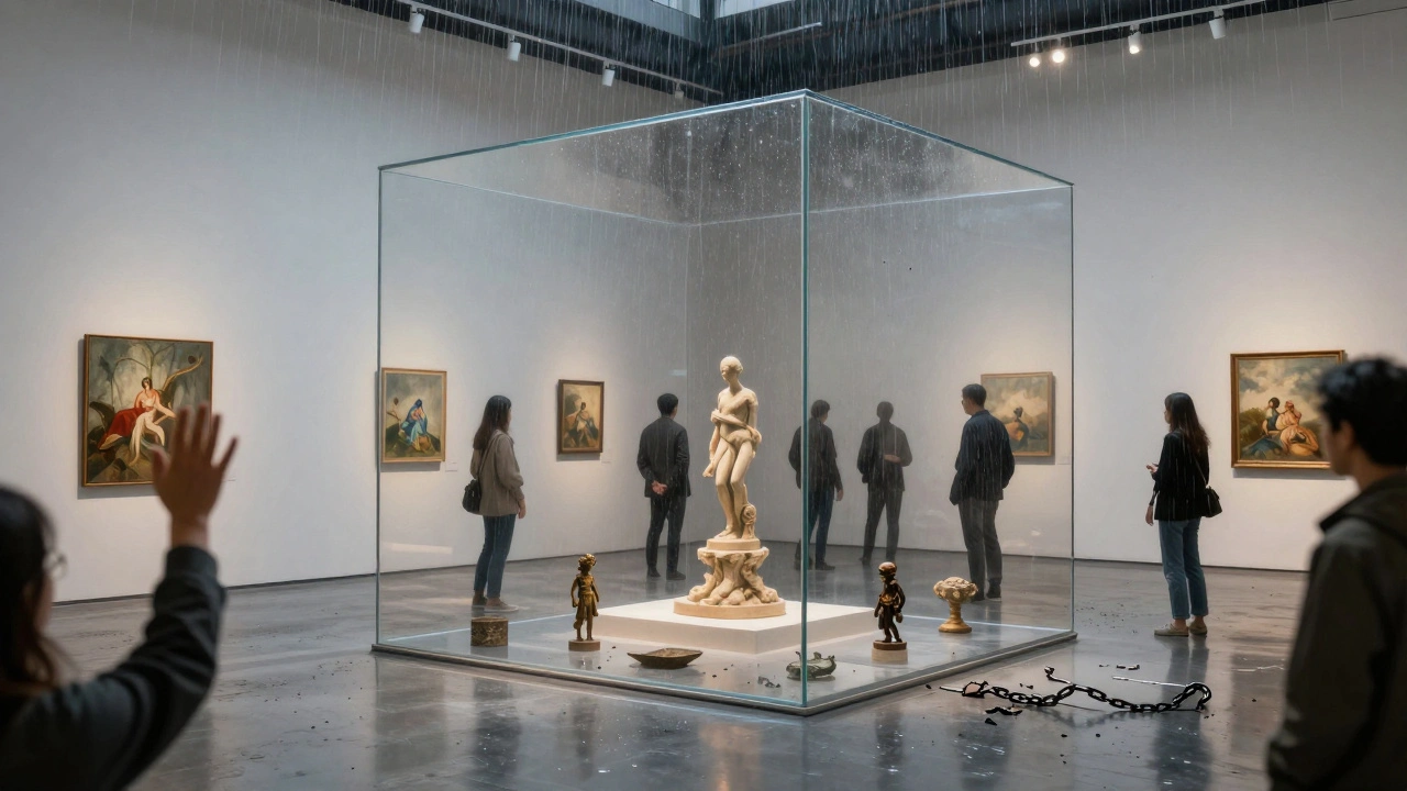 Transparent shield protecting gallery art and guests from chaotic external risks, symbolizing preparedness vs. danger.