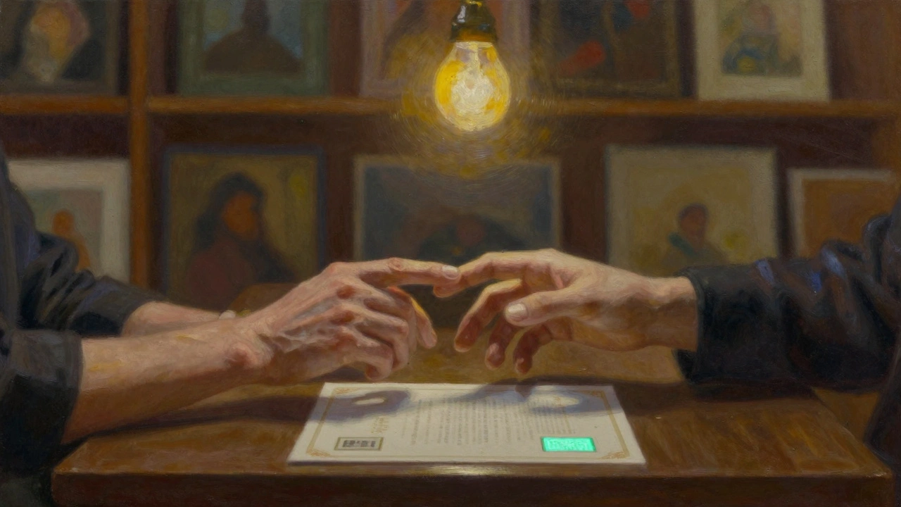 Two hands nearly touching across a certificate of authenticity and glowing QR code, symbolizing trust between artist and collector.