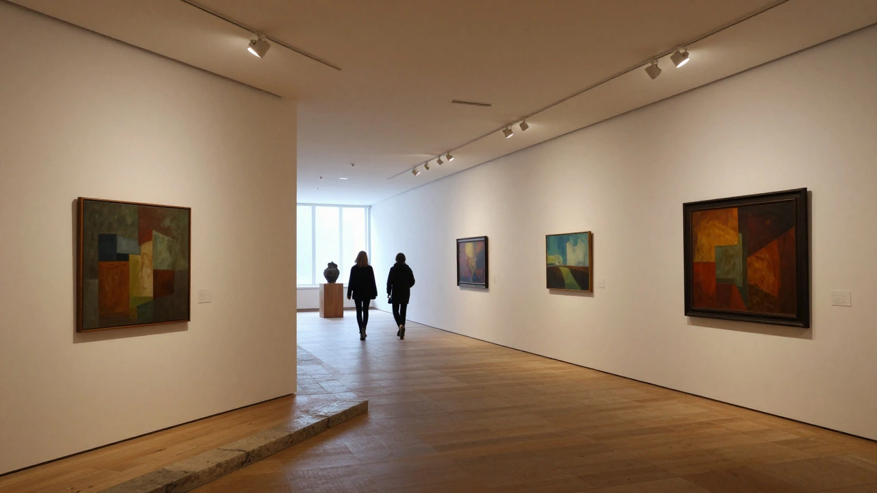 Visitors walking a curved path through spaced art clusters, lit by warm LEDs, with a subtle floor transition and natural light on a sculpture.
