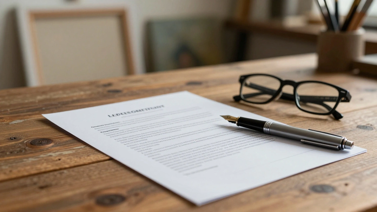 A close-up of a legal art representation contract and a pen on a wooden studio table.