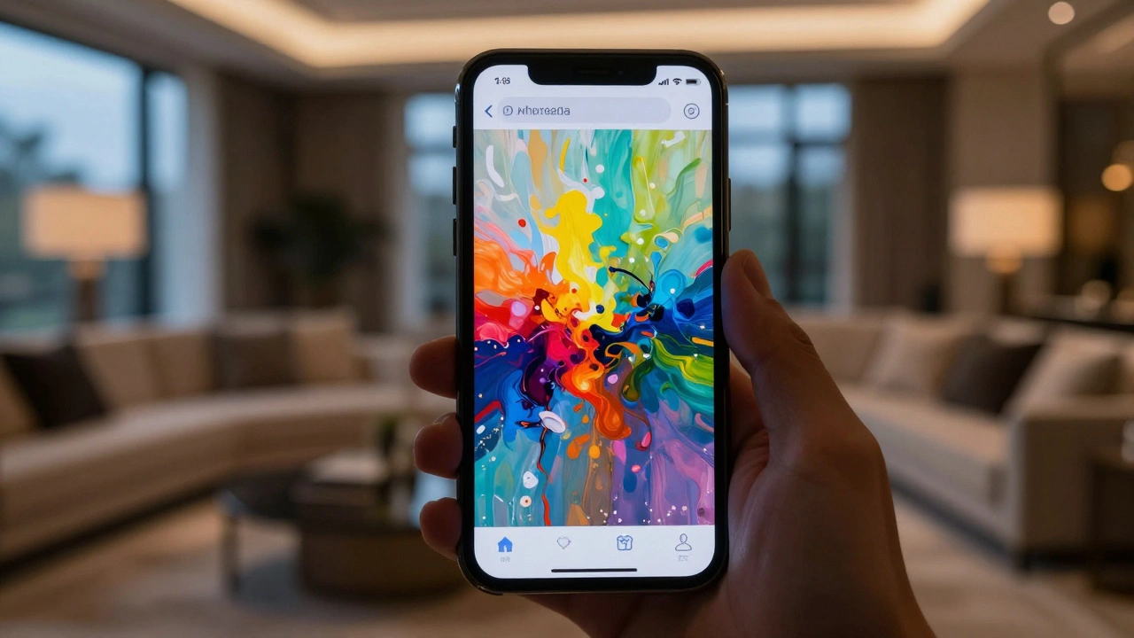 A close-up of a smartphone displaying a high-resolution piece of abstract art.