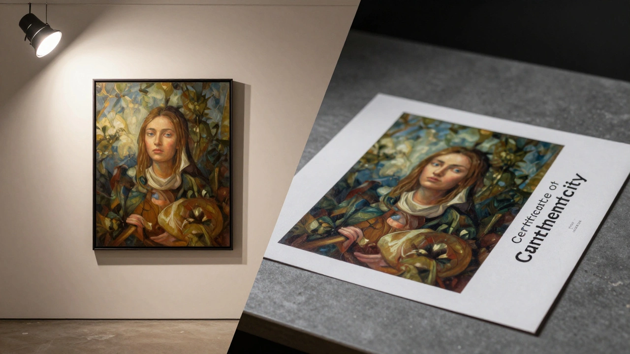 A comparison between a real masterpiece and a cheap printed reproduction with a fake certificate.