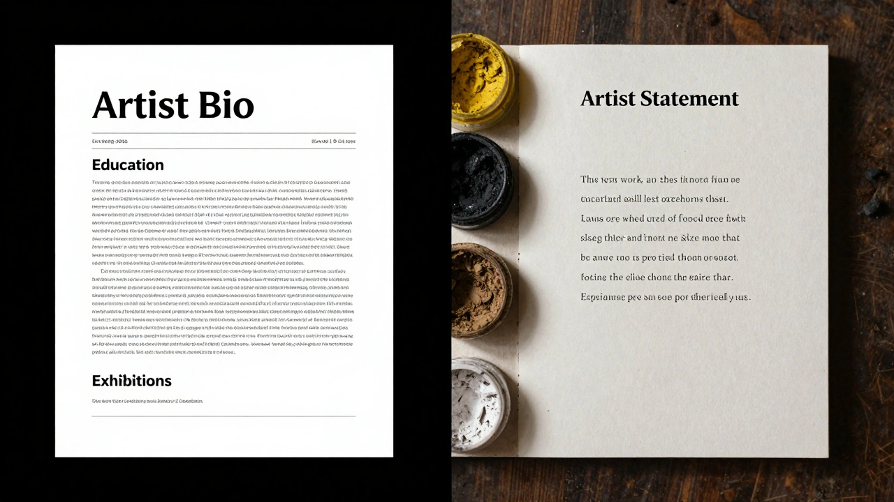A conceptual comparison between a formal professional artist bio and a conceptual artist statement.