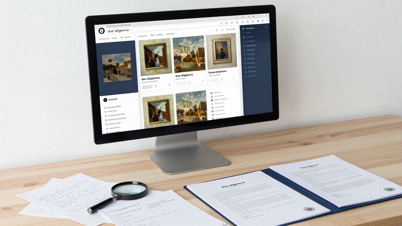 A desk with a computer showing reverse image search results and art provenance papers.