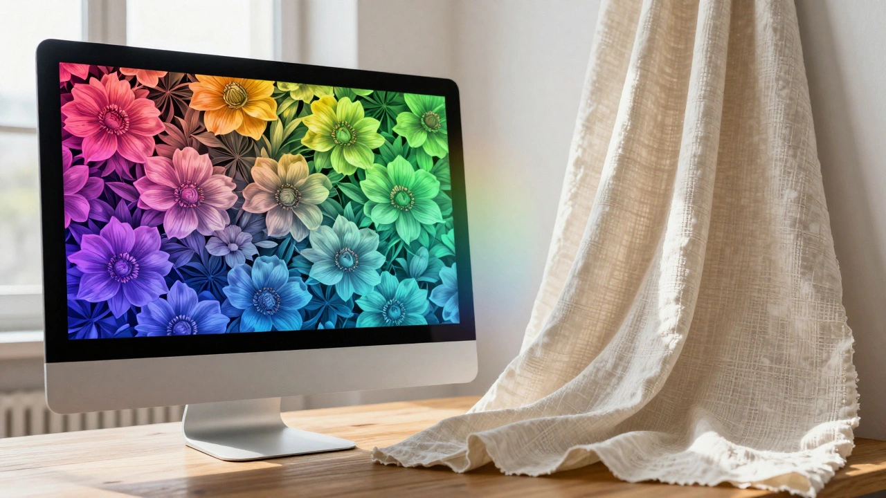 A digital floral pattern on a screen transitioning into a physical cotton fabric sample.