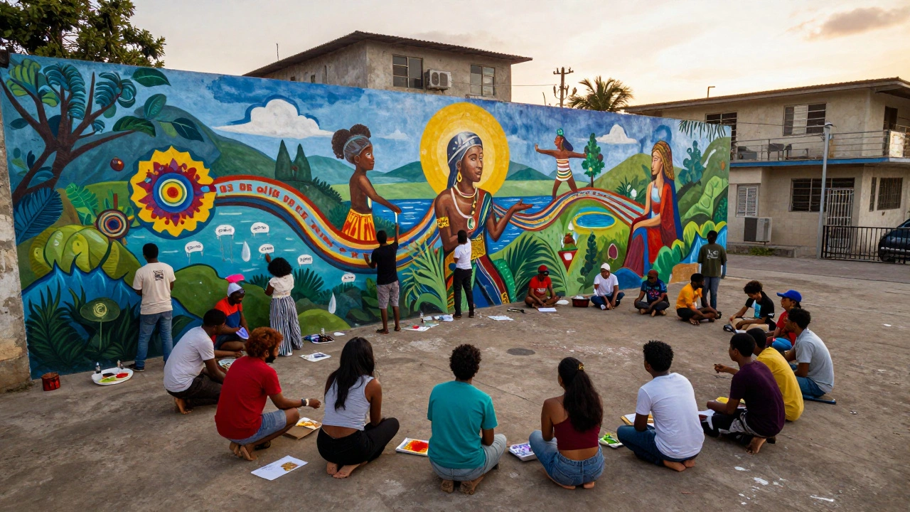 A diverse community collaboratively painting a large, vibrant mural of ancestral memories.