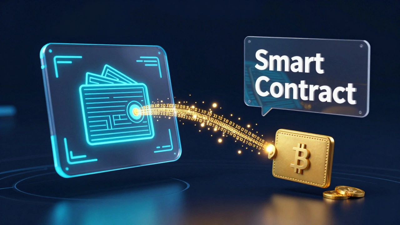 A futuristic digital interface showing a smart contract automating royalty payments to an artist.