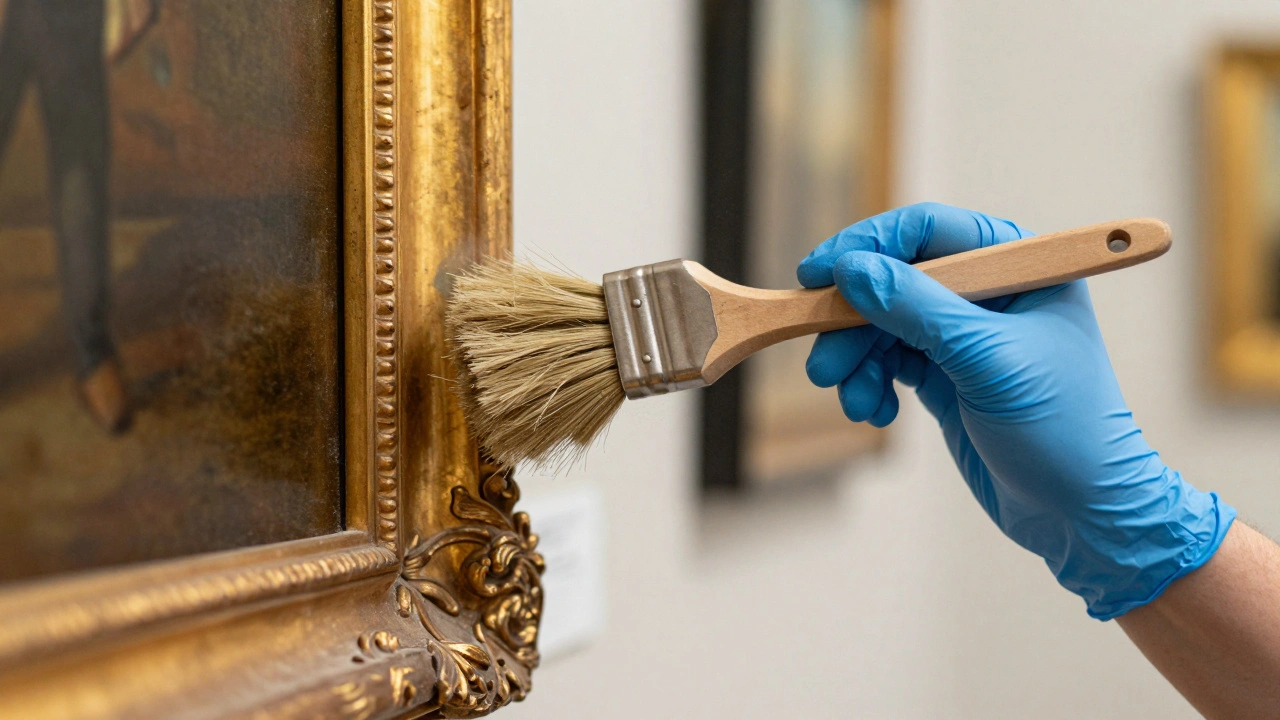 A gloved hand using a soft brush to clean a gilded picture frame.
