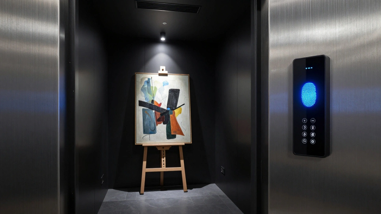A high-security private vault featuring a biometric scanner and a spotlighted painting.